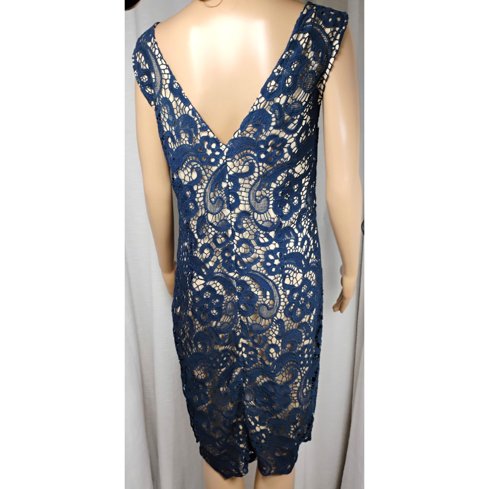 Crochet Lace Sheath Dress Midi Sleeveless V Back Nude Lining Cocktail Wedding - Picture 3 of 16